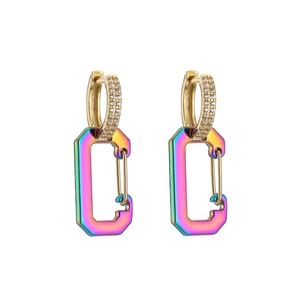 Rainbow plated safety pin earrings with micro-paved cubic zirconia and gold finish