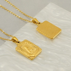 Gold stainless steel rectangle letter A pendant necklace with radiant and grid texture