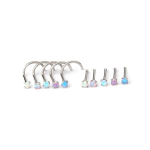 Set of 20G titanium steel nose rings with 2mm opal studs in curved and straight styles