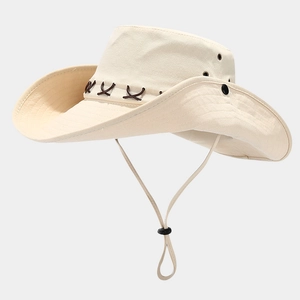 Detail of canvas outdoor sun hat featuring side snaps and adjustable windproof cord