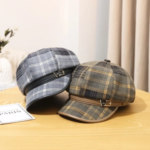 British style wool check beret hat set with leather trim and metal butterfly buckle