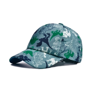 Detail view of the side profile and curved brim of the dinosaur print kids baseball cap