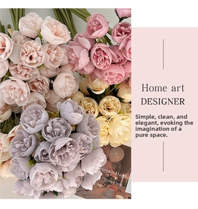 Detail of 27-head artificial tea rose and peony bouquet in pastel tones for home decor