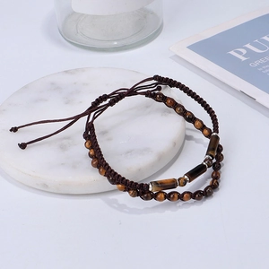 Handmade tiger eye stone beaded bracelet set with adjustable brown woven cord for couples