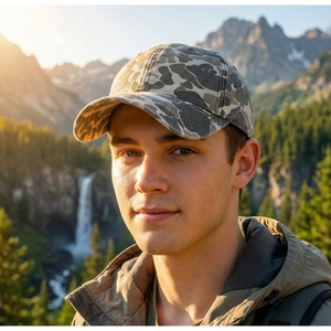 Close-up of camouflage baseball cap worn by model in a scenic outdoor mountain setting