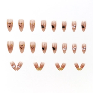 Caramel brown gradient almond press-on nails with cute cat and check patterns