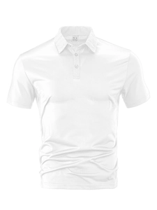 Detailed close-up of white polo shirt neckline showing size M tag and textured fabric