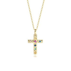 Golden s925 silver cross necklace with colorful zircons and lava texture finish