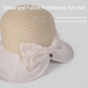 Japanese straw sun hat with bow tie and split back design for elegant summer sun protection