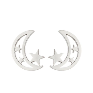 Elegant silver star and moon hollow earrings set displayed on a clean white background