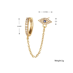 Detailed dimensions of gold evil eye chain earring with blue zircon and 1g weight