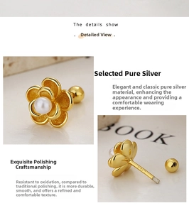 Macro detail of 925 sterling silver flower earrings with pearl and screw back posts
