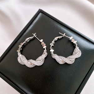 Detailed view of silver twisted mesh hoop earrings with woven metal texture and round design