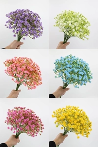Close-up of artificial Gypsophila bouquets in six vibrant colors for home decor