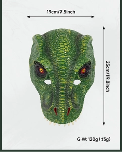 Detailed size map of green PU foam 3D T-Rex dinosaur mask with dimension markings