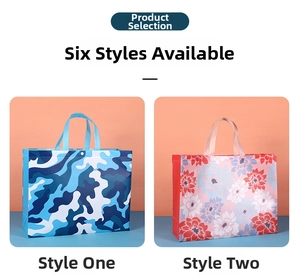 Detail showing two floral and geometric patterns on large non-woven shopping tote bags