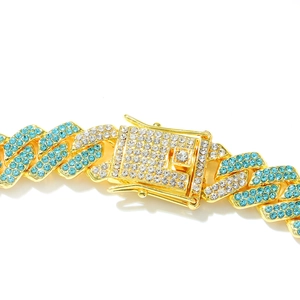 Hip hop iced out Cuban chain necklace with blue and white crystals in gold finish