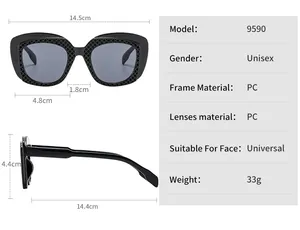 Detailed size specifications for hip-hop unisex sunglasses with frame and lens dimensions