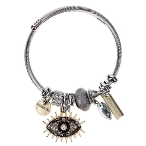 Stainless steel twisted cable bracelet with Evil Eye charm and Morava engraved pendant