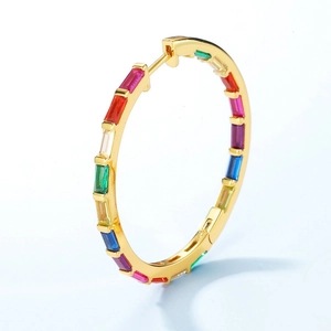 Rainbow hoop earrings in S925 sterling silver with colorful baguette-cut cubic zirconia