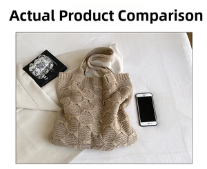 Close-up of beige knit tote bag with 3D diamond texture and spacious interior detail