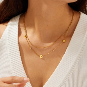 Collier Double Couche Fleur Marguerite Plaque Or 18K Acier Inoxydable 304 Avec Pendentif Zircon Bijoux Pour Femmes