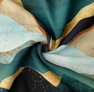 Close-up of abstract mountain landscape tapestry with modern green and gold color blocks