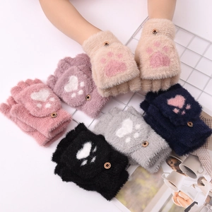 Detailed display of plush flip top gloves with cat paw patterns in six vibrant colors