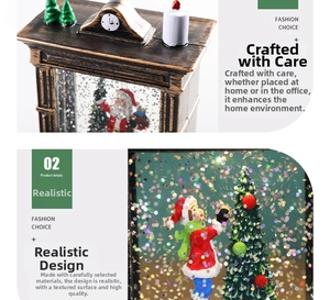 Macro detail of retro Christmas snow globe featuring Santa Claus and sparkling glitter flakes