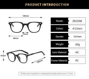 Detailed size specifications and dimensions for the ZN3598 black full-rim eyewear frame