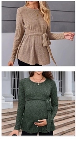 Detail of ribbed knit maternity sweater with waist tie and textured long sleeves