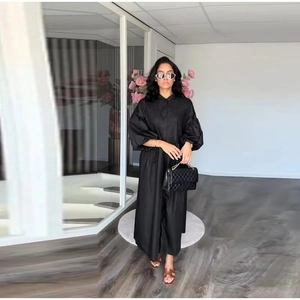 Maxi Dress Polyester Pleated Front Single Breasted Stand Collar Puff Sleeve Loose Casual Vacation For Women