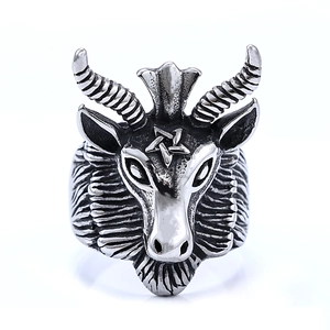Vintage stainless steel ram head ring with pentagram detail in antique silver finish