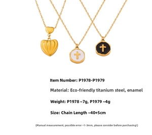 Detailed specs for gold titanium steel necklaces with heart and cross drip oil pendants