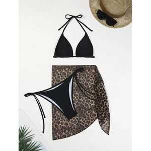 Three-piece bikini set with leopard print mesh skirt and summer beach accessories