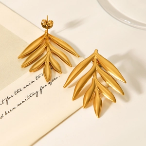 Detailed close-up of 18K gold-plated stainless steel leaf earrings on a card