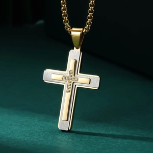 Three-layer cross pendant necklace for men with gold finish and stone inlay