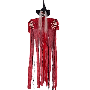 Hanging Halloween witch prop with red mesh robe, skull face, and black pointed hat on white background