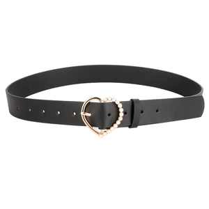 Elegant black PU leather belt for women with a gold heart buckle and pearl inlays