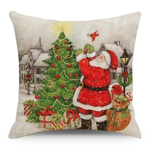 Housse de coussin de Noël avec imprimé Père Noël et sapin sur tissu en lin