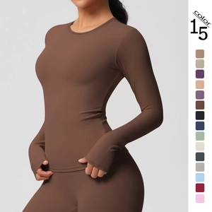Women Athletic Long Sleeve T-Shirt Round Neck Slim Fit Yoga Top With Thumbholes Nylon Spandex Quick Dry Fitness Running Workout Shirt