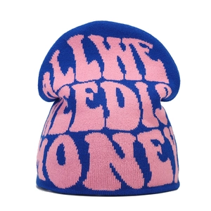 Y2K knit beanie in blue and pink with I LIKE NEED MONEY jacquard street style design