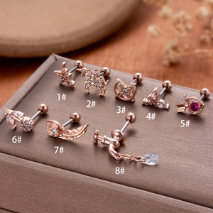 Set of 8 rose gold stainless steel cartilage studs with zircon stars and moon shapes