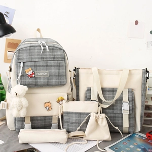Japanese style grey plaid school backpack 6-piece set with plush bear charm and badges