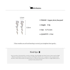 Detail specifications of silver needle tassel earrings with zircons and faux pearls