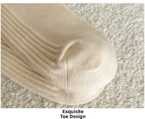 Close-up of seamless toe construction on ivory ribbed cotton socks with knit texture