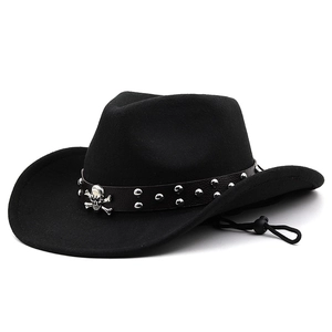 Black wool felt western cowboy hat with silver skull and studs on leather band