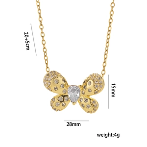 Gold butterfly pendant necklace with sparkling zircons and dimensions 28mm x 15mm