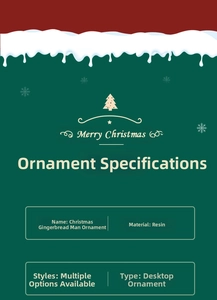 Specifications for resin gingerbread man ornaments with Merry Christmas greeting details