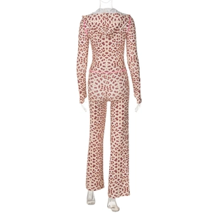 Rear view of hooded cardigan and leggings set with heart leopard print and pink trim